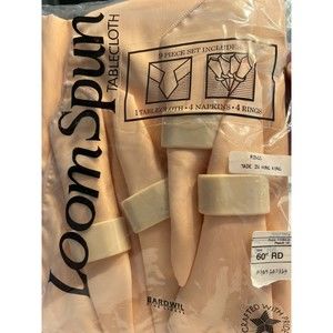 NOS Vintage Bardwil 60” Peach Tablecloth w 4 Napkins & Napkin Rings